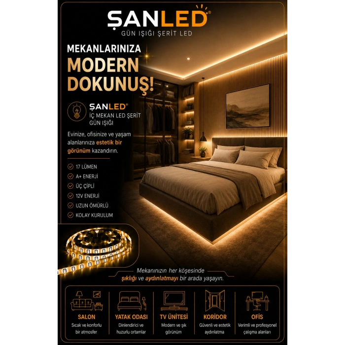 3 Çipli Iç Mekan Şerit Led Tüm Mekanlar-(trafosuz) 5,10,20,30,40,50,100m