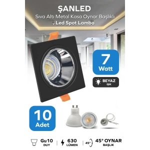 7w Sıva Altı Oynar Başlık Gu10 Kare Siyah Kasa Beyaz Işık Led Spot Lamba-10 Adet