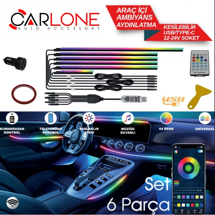 Toptan Araç İçi Ambiyans 6 Parça Usb Li - Kolay Montaj 12-24Volt
