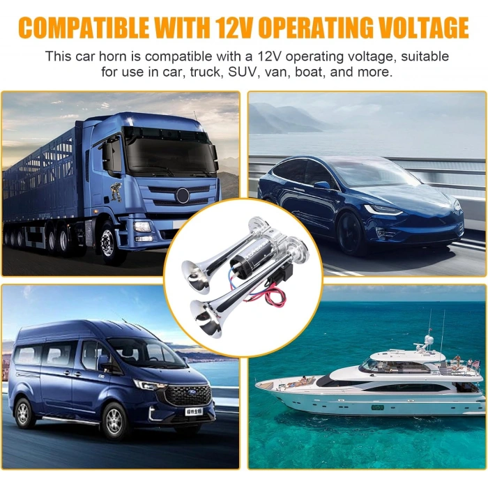 Toptan Havalı Korna 2 Borulu Krom Gövde Kendinden Kompresörlü 12v Roleli Tak Çalıştır