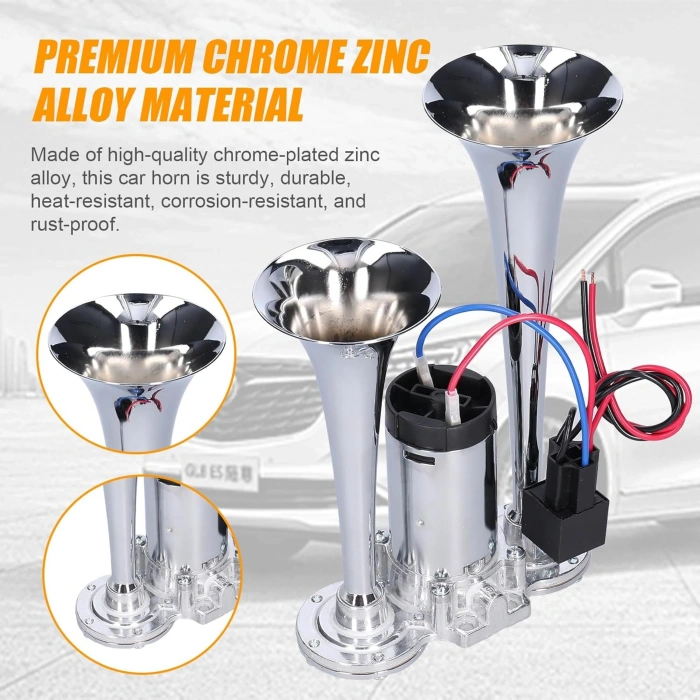 Toptan Havalı Korna 2 Borulu Krom Gövde Kendinden Kompresörlü 12v Roleli Tak Çalıştır