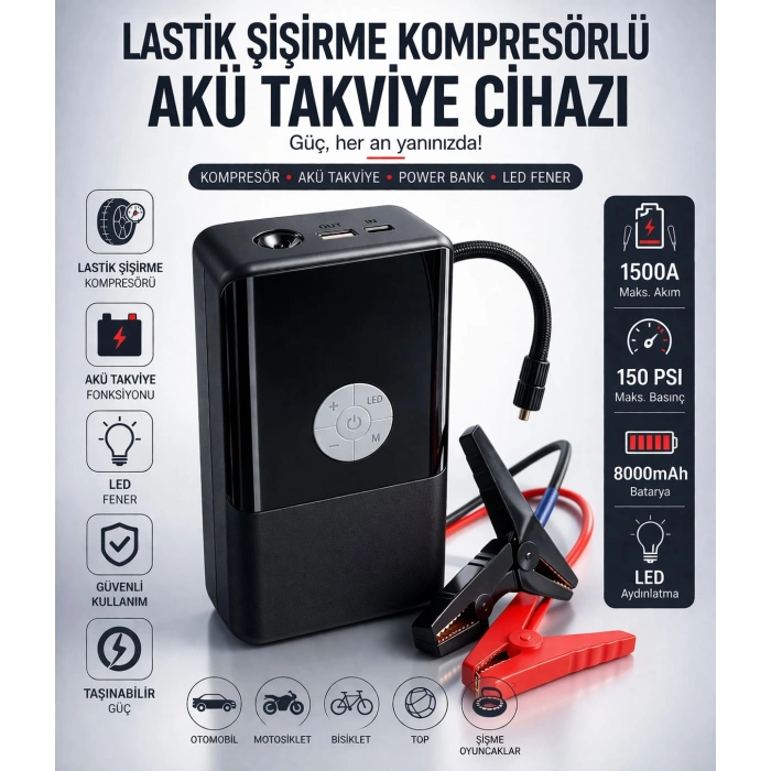 Toptan Kompresörlü Akü Takviye Cihazı Powerbank+Led Çok Fonksiyonlu