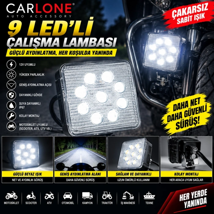 Toptan 9 LED Kare Çalışma Lambası – 12V Beyaz Işık Çakarsız
