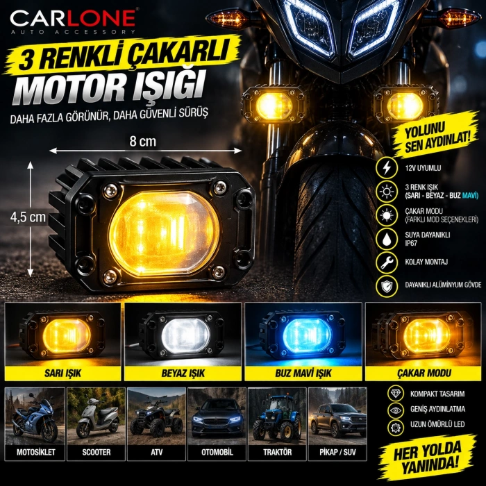Toptan 3 Renkli Çakarlı Mercekli Motosiklet LED Işığı 8x4,5 cm – Sarı Beyaz Buz Mavi Motor Ek Far