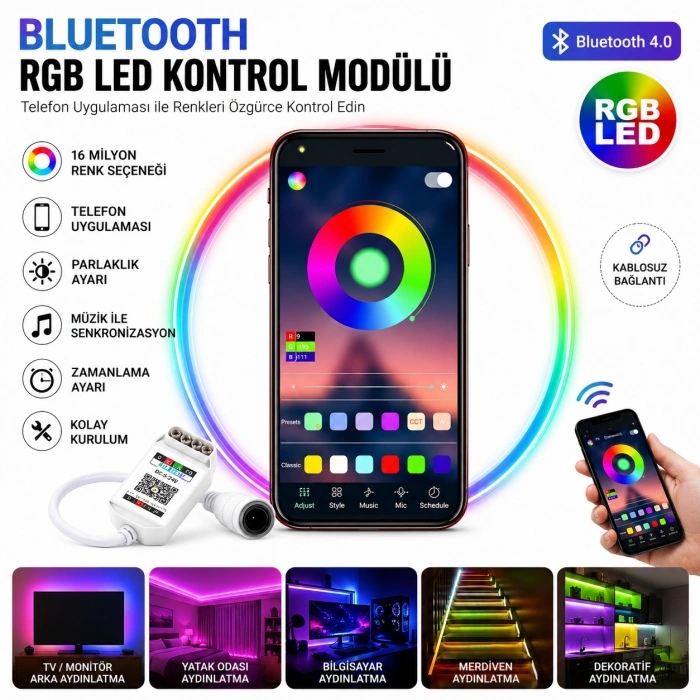 Toptan 12 Volt RGB Şerit LED Kontrol Modülü Telefon Uygulamalı Bluetooth Konturol