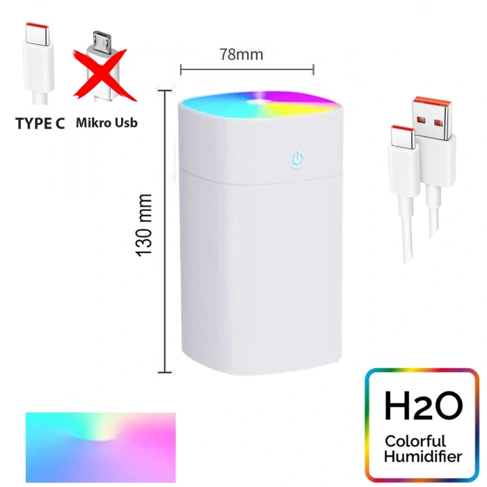 Toptan Araç İçi Nemlendirici 400ml Kare Model Kablolu H2o Rgb Beyaz Buhardanlık