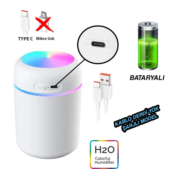Toptan Araç İçi Nemlendirici Bataryalı/Şarjlı Model H2o Rgb Beyaz Buhardanlık