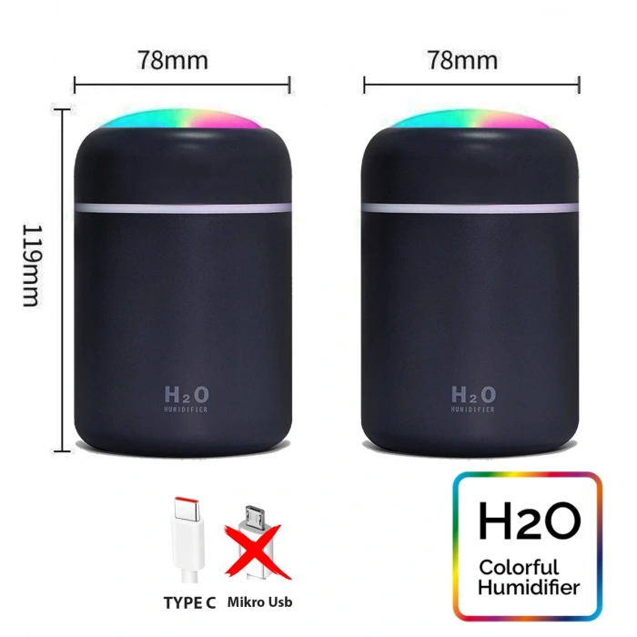 Toptan Araç İçi Nemlendirici 300ml H2o Rgb Kablolu Siyah Buhardanlık