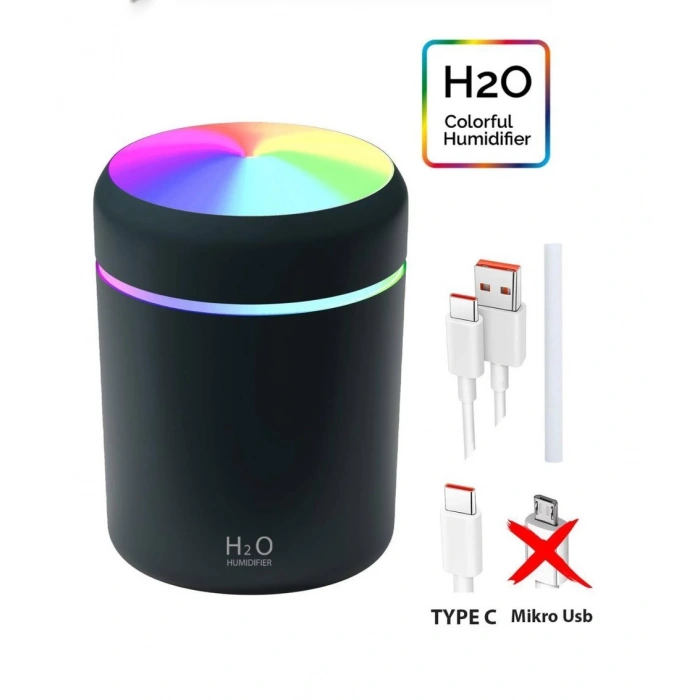 Toptan Araç İçi Nemlendirici 300ml H2o Rgb Kablolu Siyah Buhardanlık