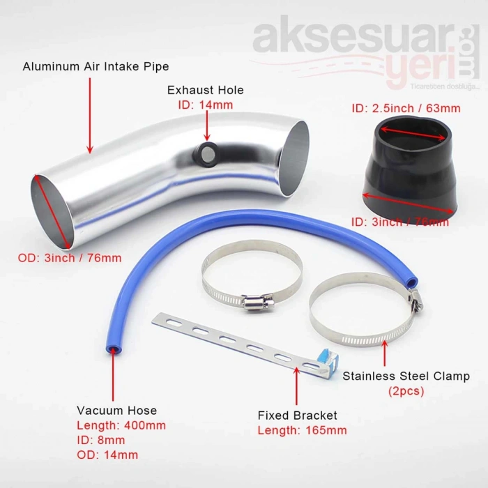 Toptan Hava Filtre Uzatma Borusu Metal 76mmx 31cm Renk Seçiniz