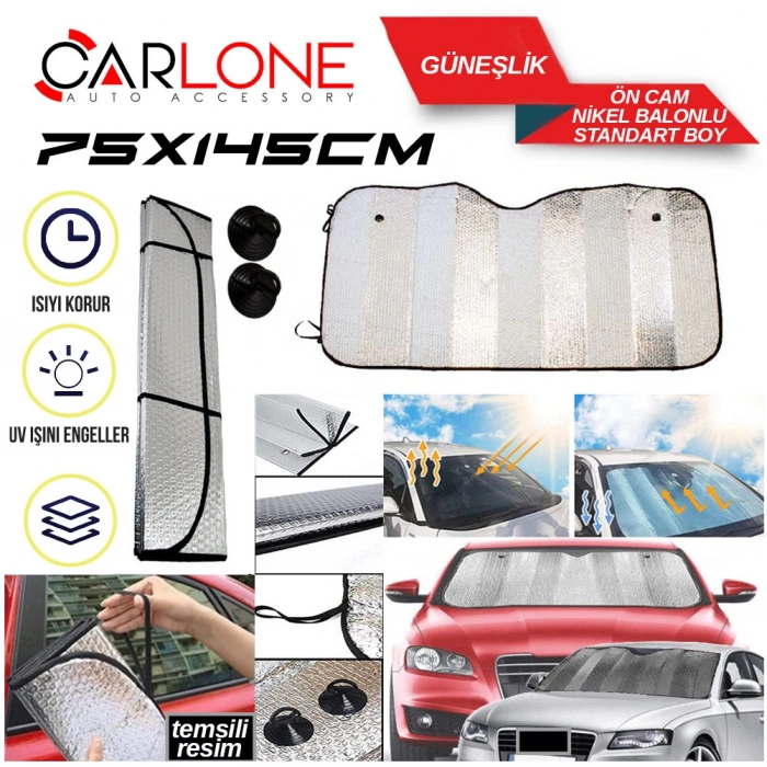 Toptan Oto Cam Güneşlik Ön Büyük Lüxs Nikel Balonlu 70x150cm