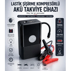 Toptan Kompresörlü Akü Takviye Cihazı Powerbank+Led Çok Fonksiyonlu