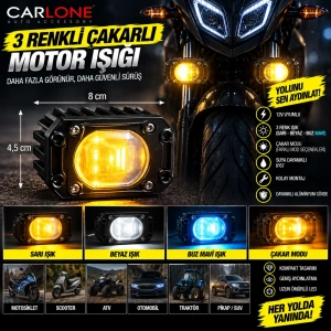 Toptan 3 Renkli Çakarlı Mercekli Motosiklet LED Işığı 8x4,5 cm – Sarı Beyaz Buz Mavi Motor Ek Far