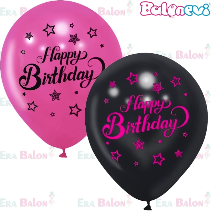 Hazır Baskı Balon (1+1) Balonevi Happy Bırthday Pink Stars