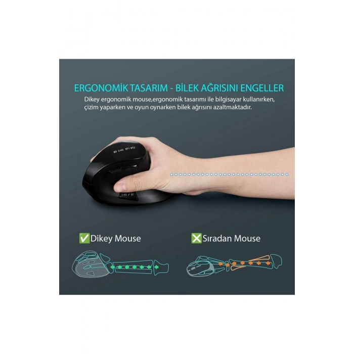 Dikey Ergonomik Şarj Edilebilir Sessiz Mouse Bluetooth+2.4G Kablosuz