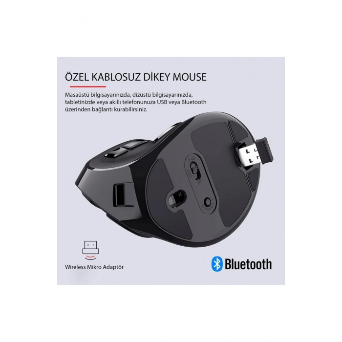 Dikey Ergonomik Şarj Edilebilir Sessiz Mouse Bluetooth+2.4G Kablosuz