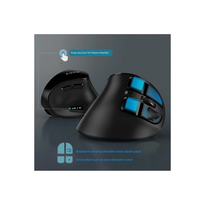Dikey Ergonomik Şarj Edilebilir Sessiz Mouse Bluetooth+2.4G Kablosuz