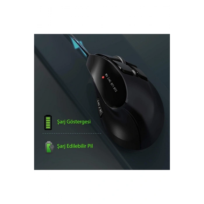 Dikey Ergonomik Şarj Edilebilir Sessiz Mouse Bluetooth+2.4G Kablosuz