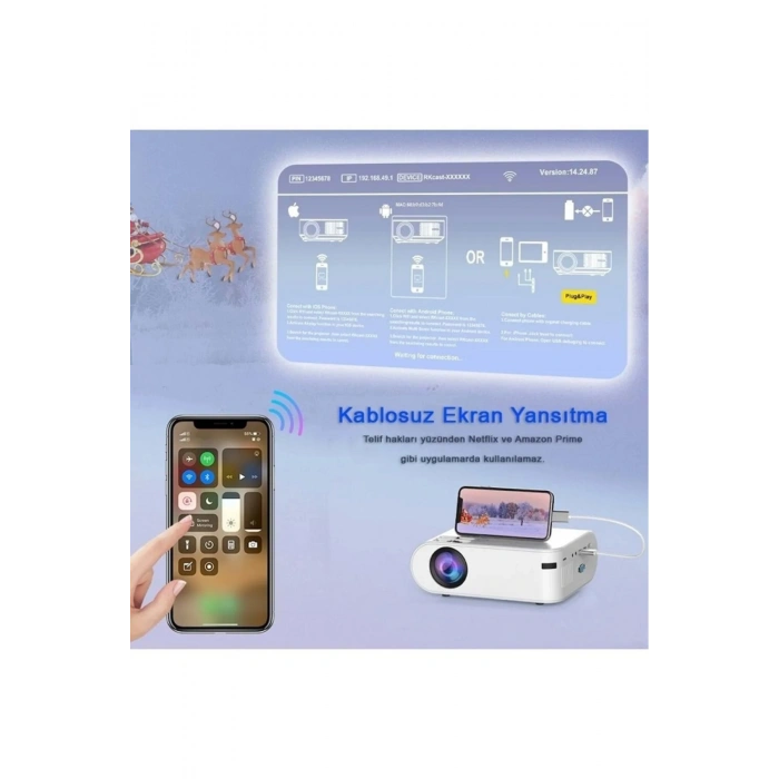Projeksiyon Cihazı P62 Full HD Destekli Wifi & iOS & Android Cep Tel Yansıtma Mini