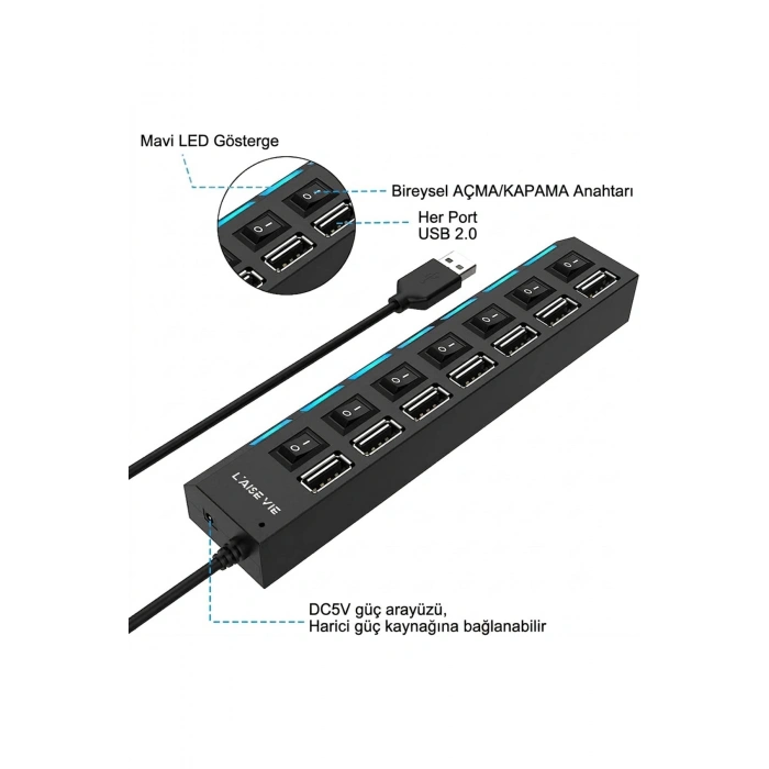 7 Port USB Hub Çoğaltıcı - Işıklı ve AçmaKapama Anahtarlı Çoklu USB 2.0 Adaptör (Tak&Çalıştır)