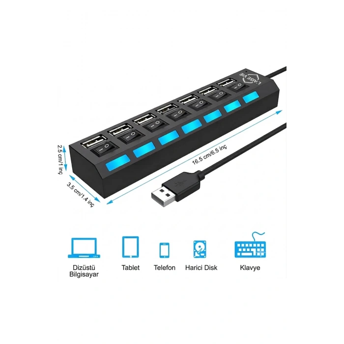7 Port USB Hub Çoğaltıcı - Işıklı ve AçmaKapama Anahtarlı Çoklu USB 2.0 Adaptör (Tak&Çalıştır)