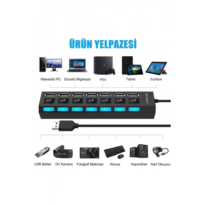 7 Port USB Hub Çoğaltıcı - Işıklı ve AçmaKapama Anahtarlı Çoklu USB 2.0 Adaptör (Tak&Çalıştır)