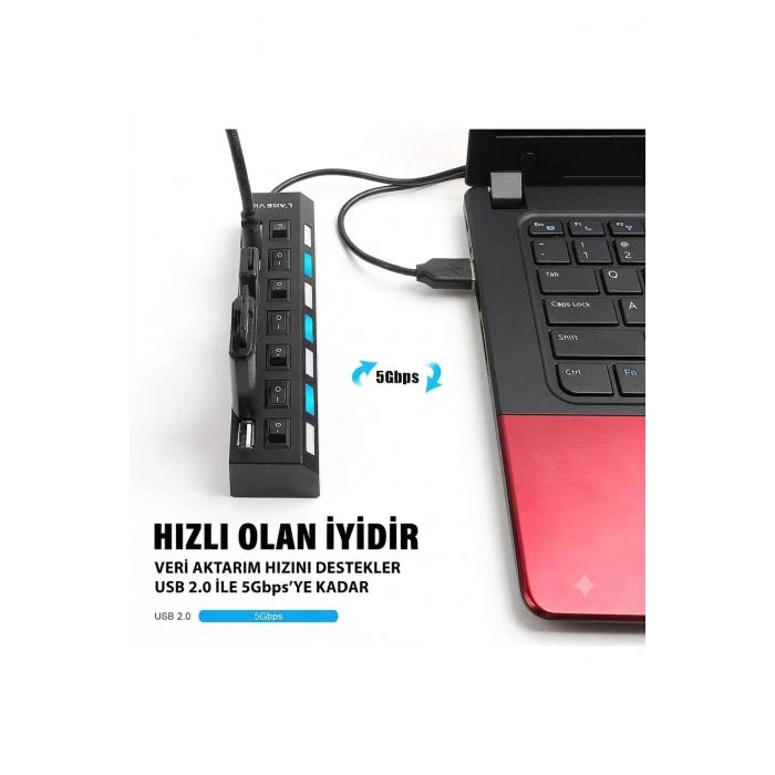 7 Port USB Hub Çoğaltıcı - Işıklı ve AçmaKapama Anahtarlı Çoklu USB 2.0 Adaptör (Tak&Çalıştır)