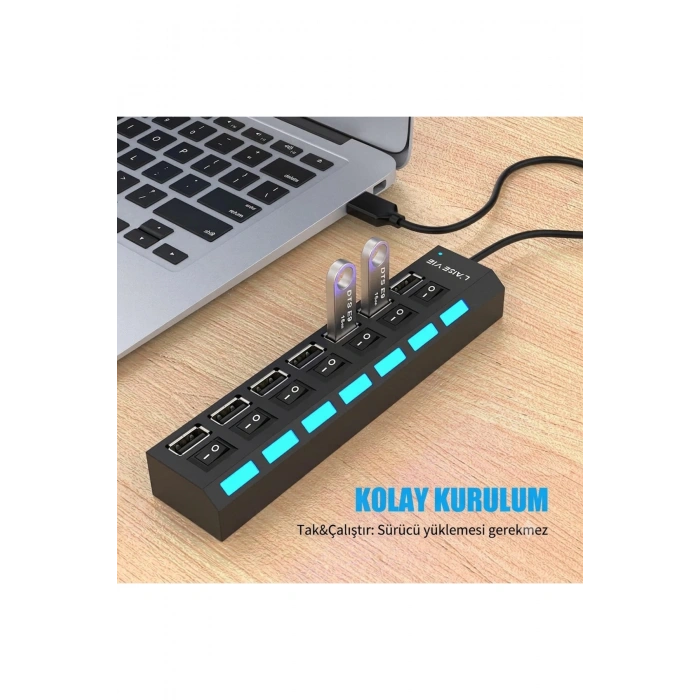 7 Port USB Hub Çoğaltıcı - Işıklı ve AçmaKapama Anahtarlı Çoklu USB 2.0 Adaptör (Tak&Çalıştır)