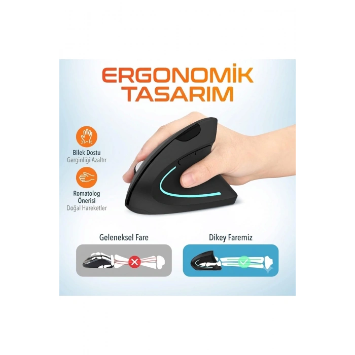 2.4G Dikey Ergonomik Kablosuz Optik Mouse - 800/1200/1600 DPI - Siyah