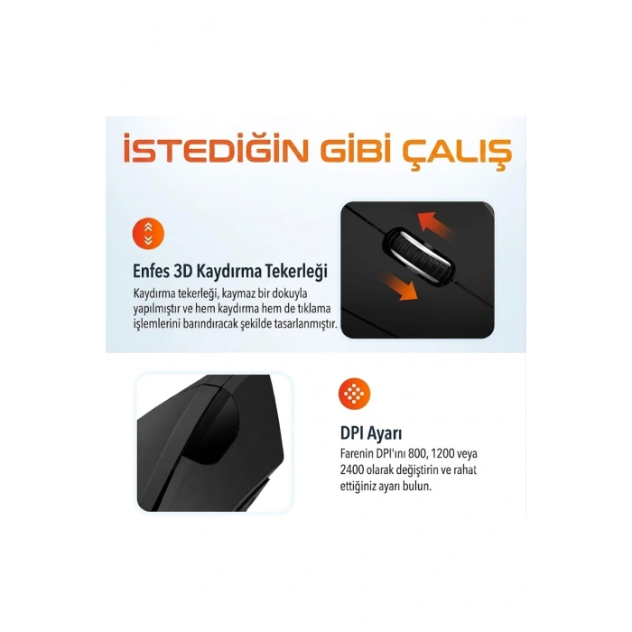 2.4G Dikey Ergonomik Kablosuz Optik Mouse - 800/1200/1600 DPI - Siyah