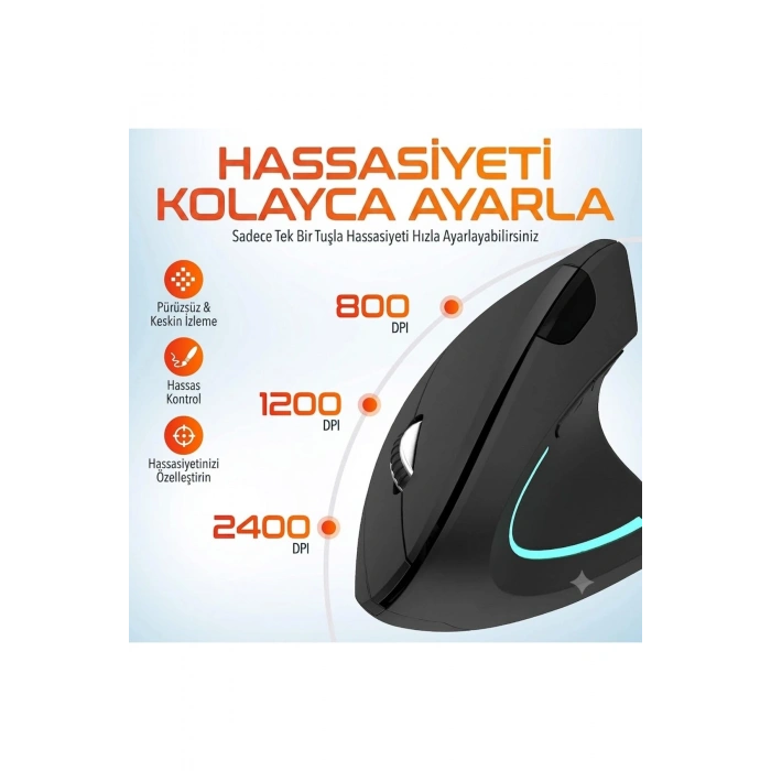 2.4G Dikey Ergonomik Kablosuz Optik Mouse - 800/1200/1600 DPI - Siyah