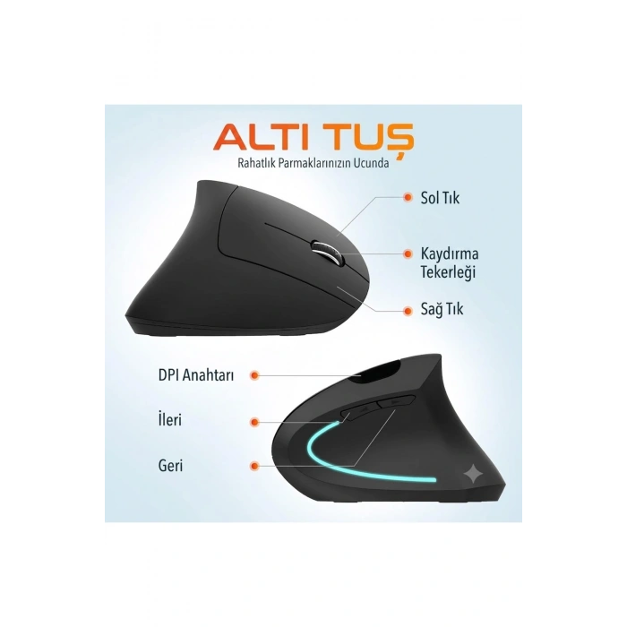 2.4G Dikey Ergonomik Kablosuz Optik Mouse - 800/1200/1600 DPI - Siyah