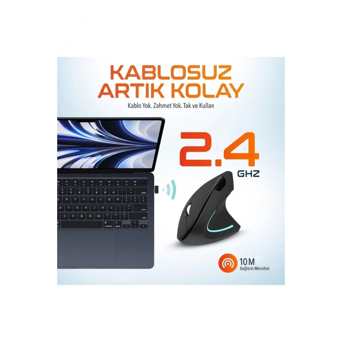 2.4G Dikey Ergonomik Kablosuz Optik Mouse - 800/1200/1600 DPI - Siyah