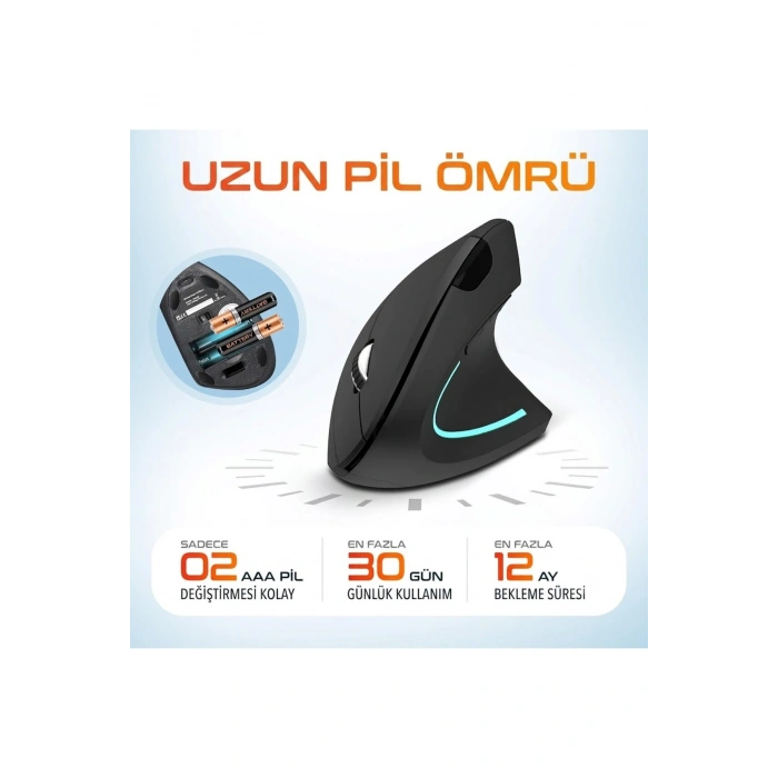 2.4G Dikey Ergonomik Kablosuz Optik Mouse - 800/1200/1600 DPI - Siyah