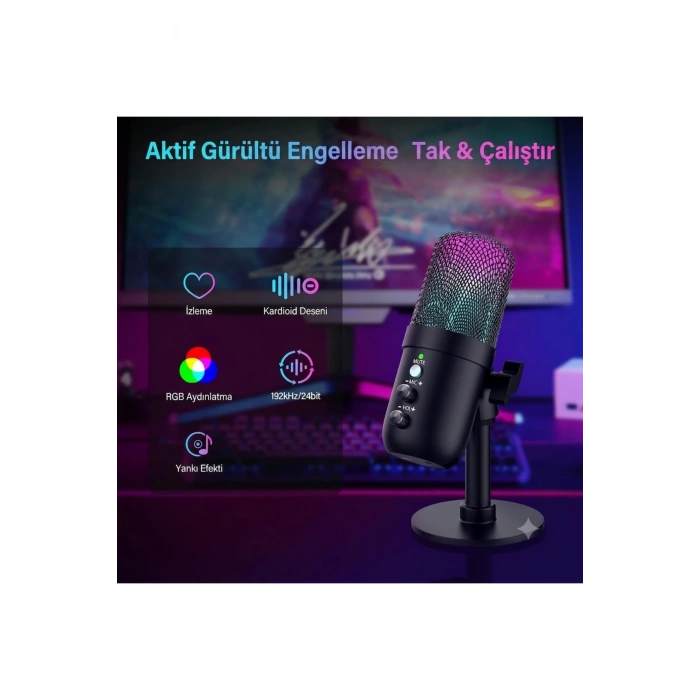 Profesyonel Kardioid RGB Oyuncu Stüdyo Kayıt Kablolu Podcast Mikrofonu