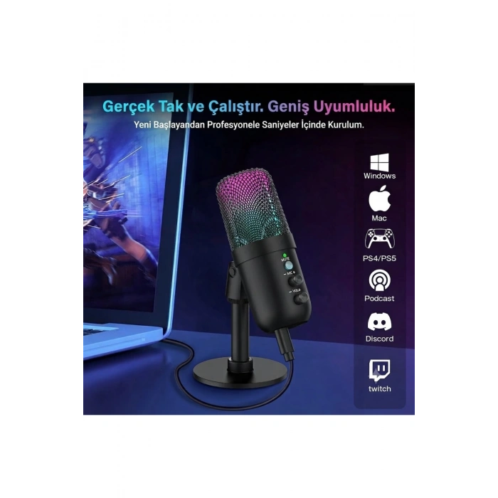 Profesyonel Kardioid RGB Oyuncu Stüdyo Kayıt Kablolu Podcast Mikrofonu