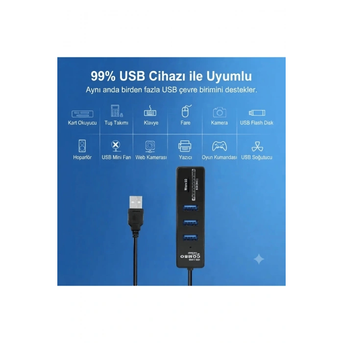 Combo 3 Port USB 2.0 Hub + TF / SD Kart Okuyucu