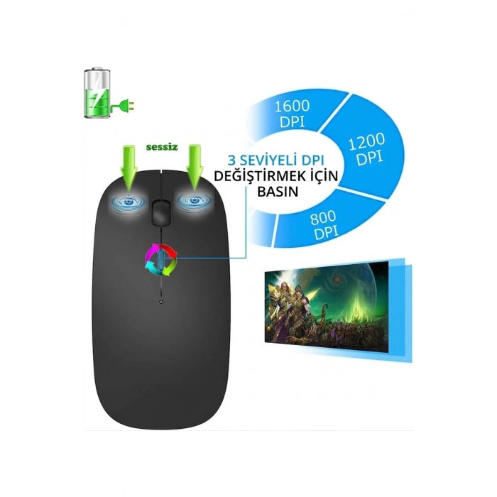 Çift Modlu Şarj Edilebilir Sessiz Kablosuz Mouse (Bluetooth + 2.4GHz)