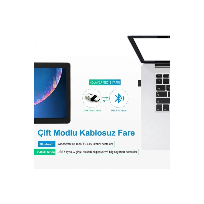 Çift Modlu Şarj Edilebilir Sessiz Kablosuz Mouse (Bluetooth + 2.4GHz)