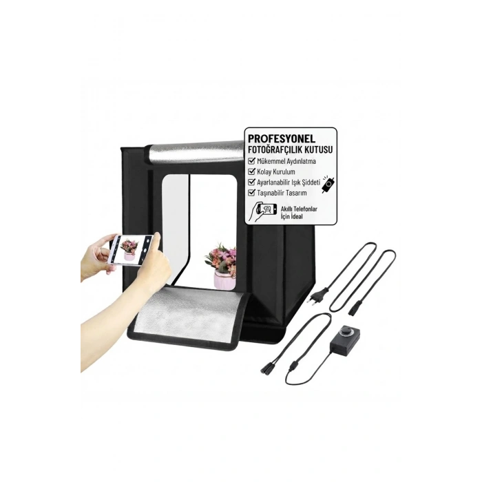 Pro 60x60 cm Profesyonel LED Işıklı Ürün Fotoğraf Çekim Çadırı (3 Fonlu Stüdyo Seti)