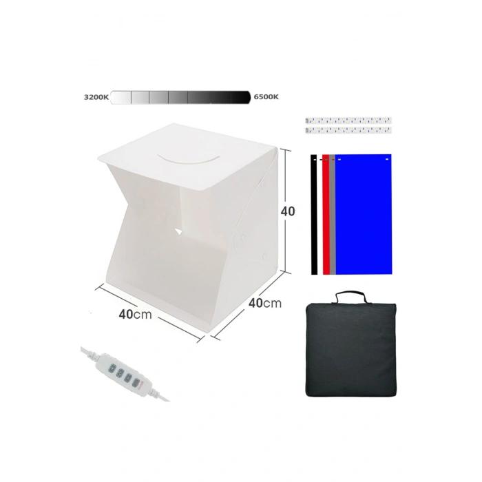 Mini Stüdyo 40x40 cm LED Işıklı Pratik Katlanabilir Ürün Fotoğraf Çekim Çadırı (Taşıma Çantalı)