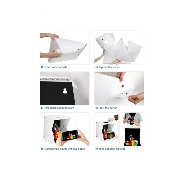 Mini Stüdyo 40x40 cm LED Işıklı Pratik Katlanabilir Ürün Fotoğraf Çekim Çadırı (Taşıma Çantalı)