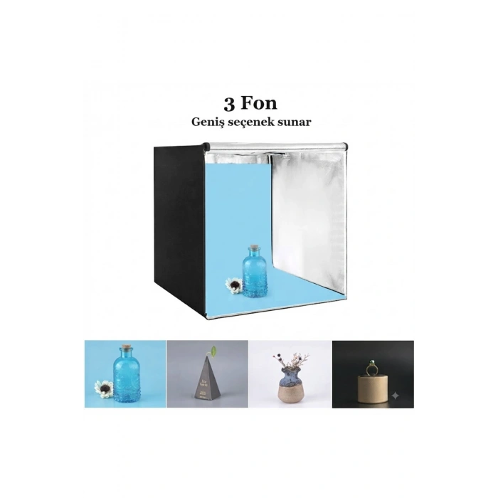 Pro 80x80 cm Profesyonel Stüdyo LED Işıklı Ürün Fotoğraf Çekim Çadırı (3 Fonlu Büyük Boy Stüdyo Seti)