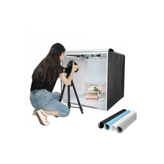 Pro 80x80 cm Profesyonel Stüdyo LED Işıklı Ürün Fotoğraf Çekim Çadırı (3 Fonlu Büyük Boy Stüdyo Seti)