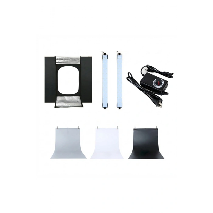 Pro 80x80 cm Profesyonel Stüdyo LED Işıklı Ürün Fotoğraf Çekim Çadırı (3 Fonlu Büyük Boy Stüdyo Seti)
