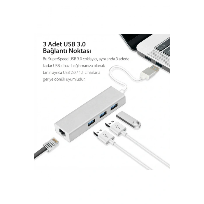 Alüminyum Type-A USB 3.0 Hub Çoklayıcı + RJ45 LAN Ethernet Dönüştürücü Adaptör