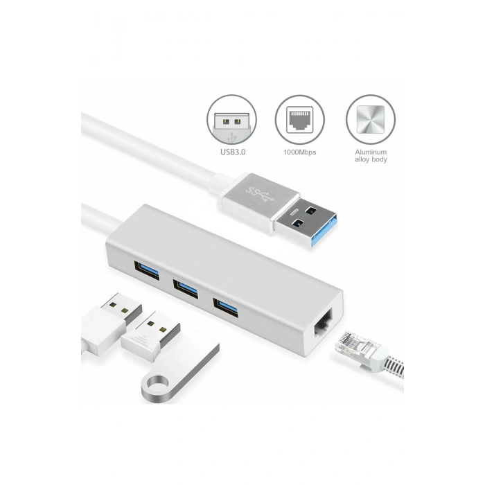 Alüminyum Type-A USB 3.0 Hub Çoklayıcı + RJ45 LAN Ethernet Dönüştürücü Adaptör