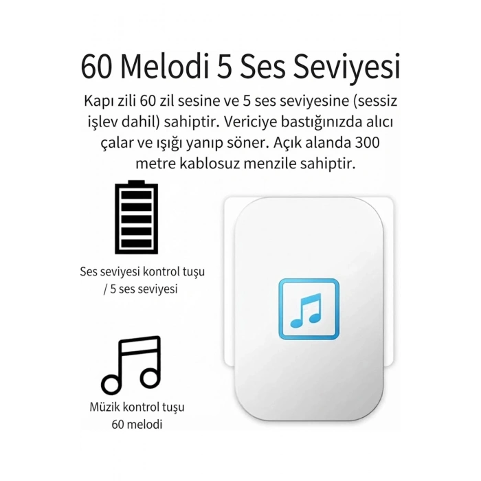 Pilsiz LED’li Modern Kablosuz Kapı Zili - 1 Zil Alıcısı 1 Kapı Butonu (300m Menzil / 60 Melodi / 5 Ses Seviyesi)