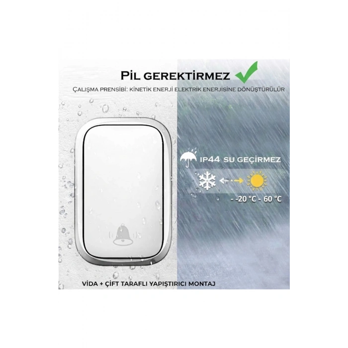Pilsiz LED’li Modern Kablosuz Kapı Zili - 1 Zil Alıcısı 1 Kapı Butonu (300m Menzil / 60 Melodi / 5 Ses Seviyesi)