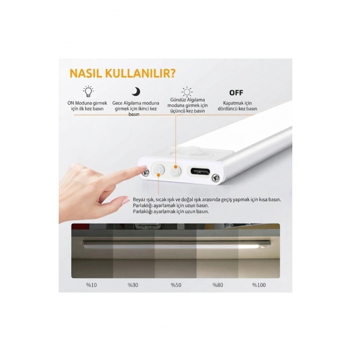 40 cm Sensörlü Alüminyum USB Şarjlı LED Gece Lambası – 3 Renk Kısılabilir Mutfak Tezgah & Dolap İçi Aydınlatma